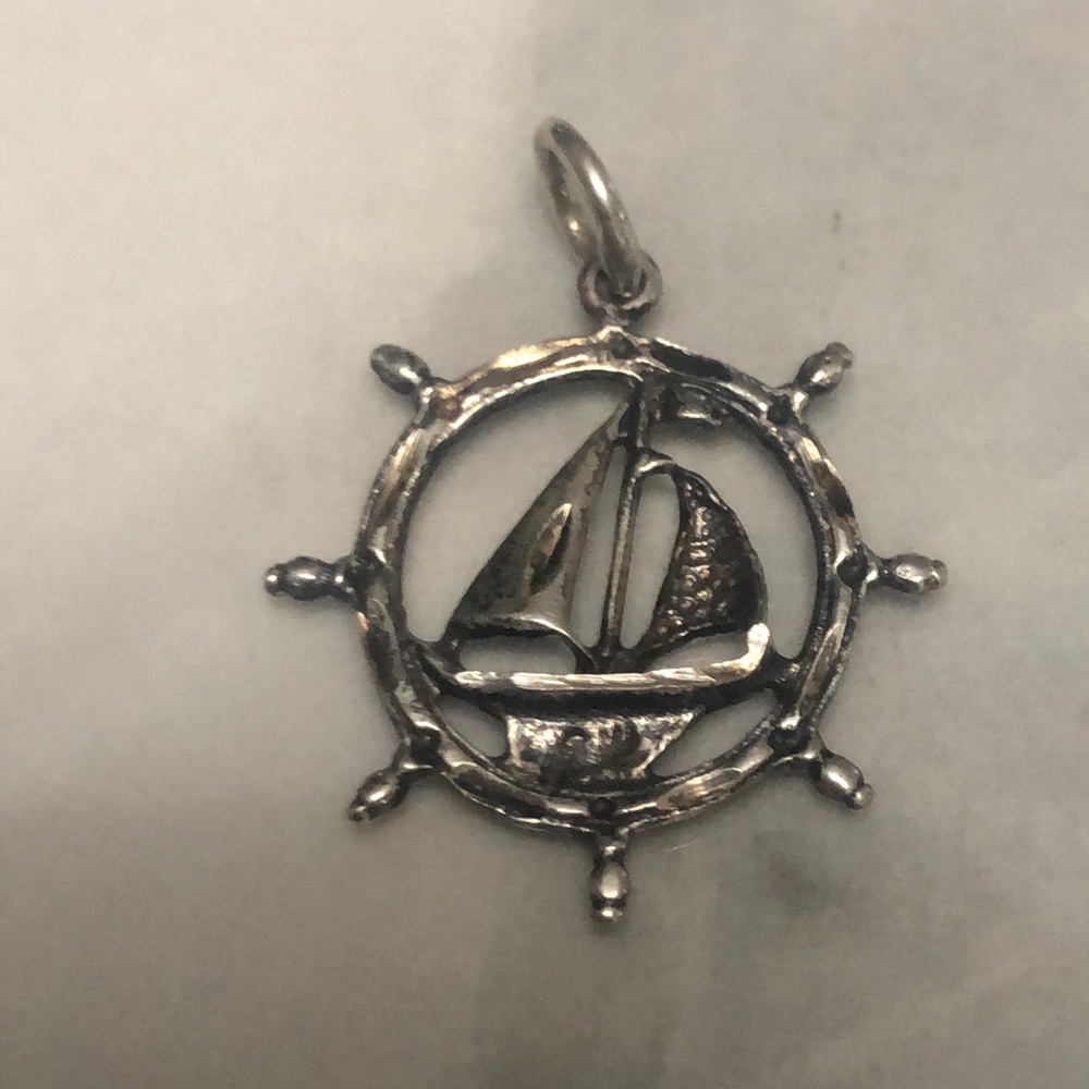 Vintage helm & sailboat charm pendant 925
